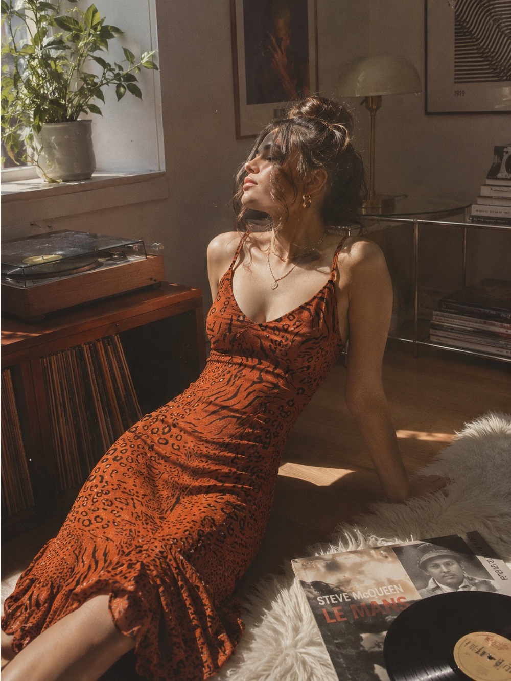 Q&A Animal Print Midi Dress Orange Slip Dress Ruffle Hem Strappy XS